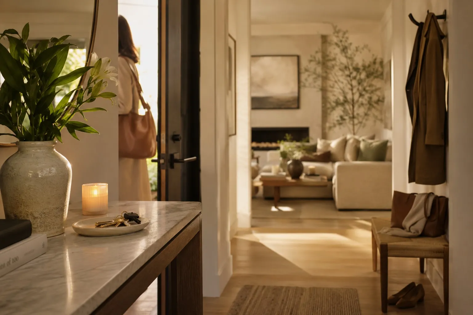 A calm, considered home — marble console with fresh flowers and a lit candle, opening into a warm, softly lit living room at dusk.