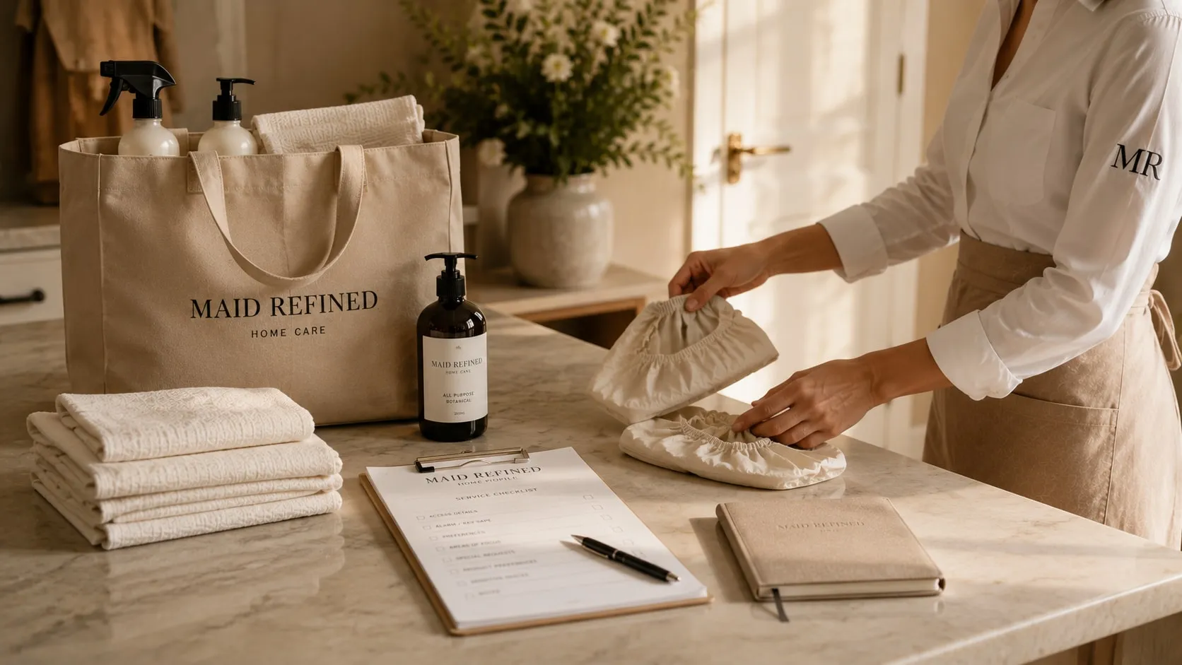 Maid Refined home-care kit — branded tote, products, folded linens and a checklist on a marble worktop, being prepared by a uniformed team member.